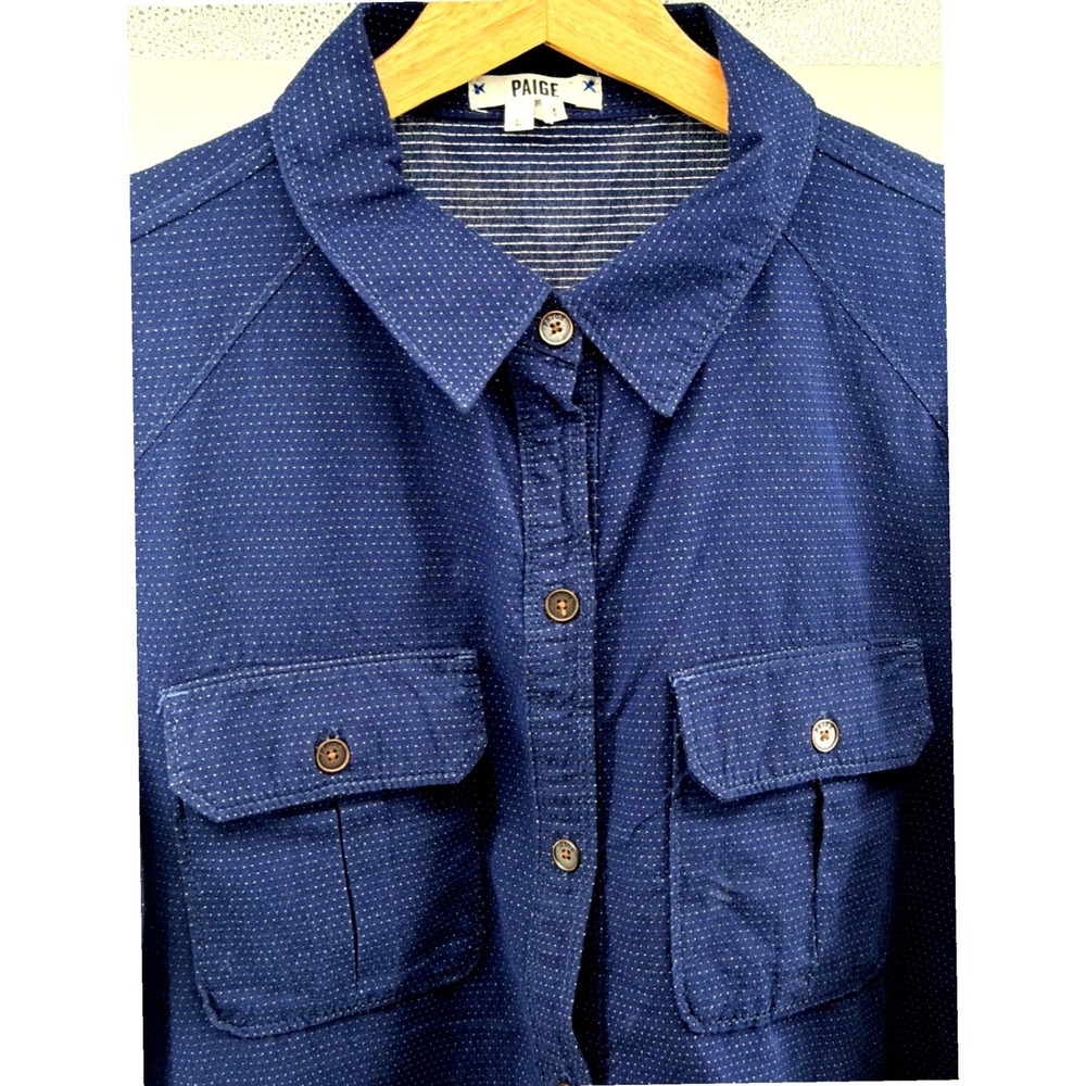 Paige Mens Large Navy Blue Micro Dot Button Up Shirt 100% Cotton
